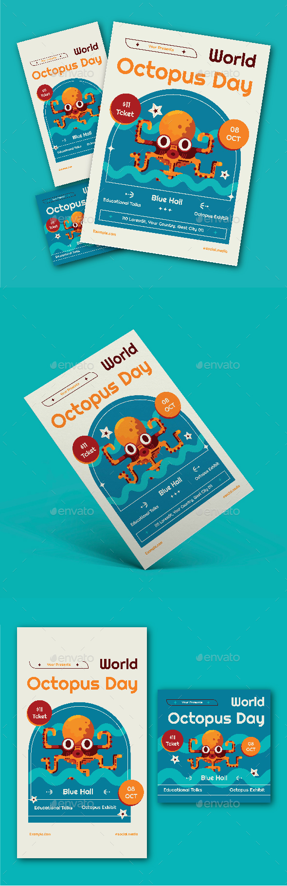 Geometric Blue World Octopus Day Flyer Set by twhcollective